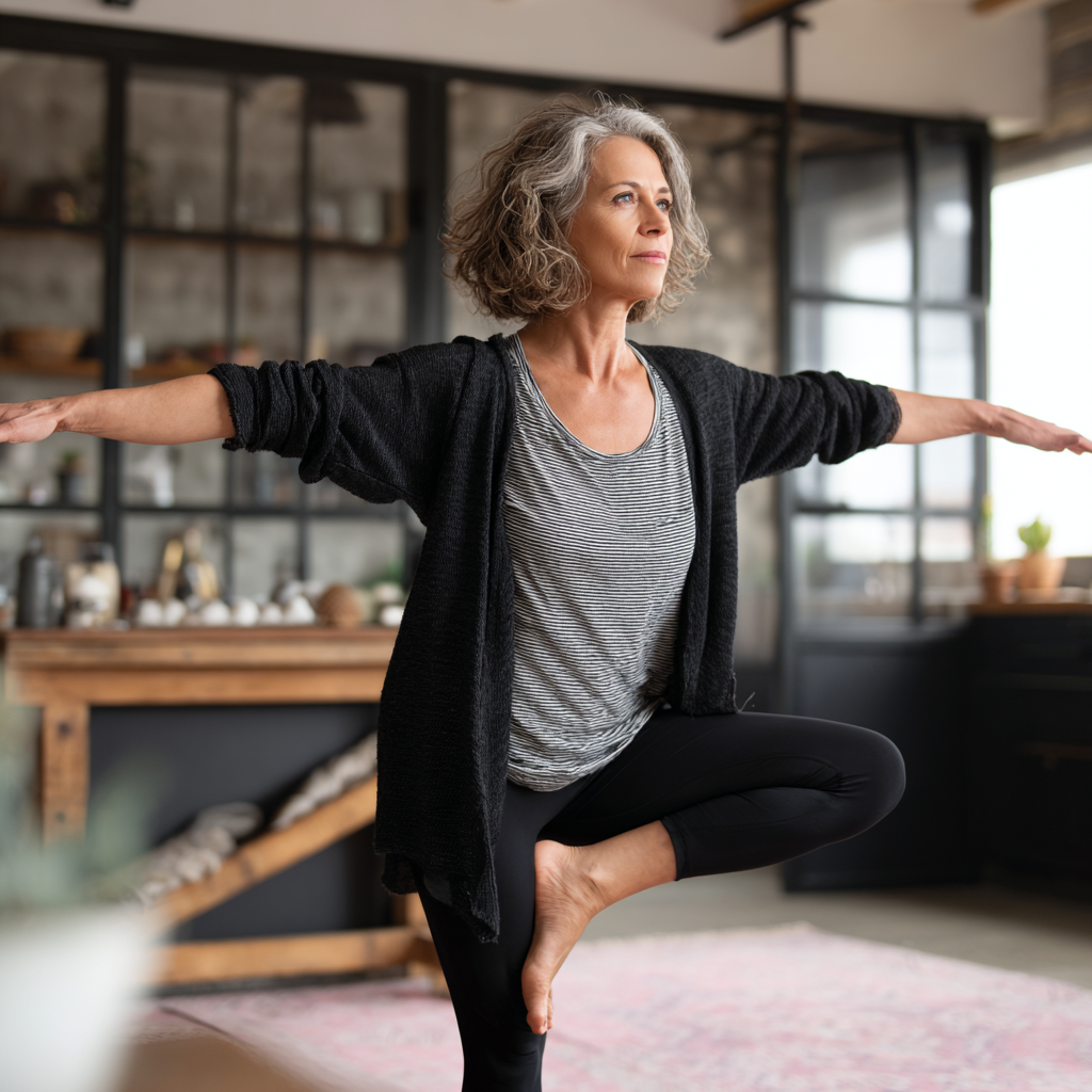 Middle-aged woman practicing gentle yoga at home with focus on balance and stability