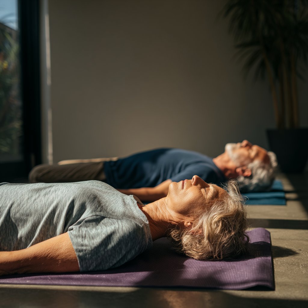 Older adults practicing restorative yoga in calm natural light setting